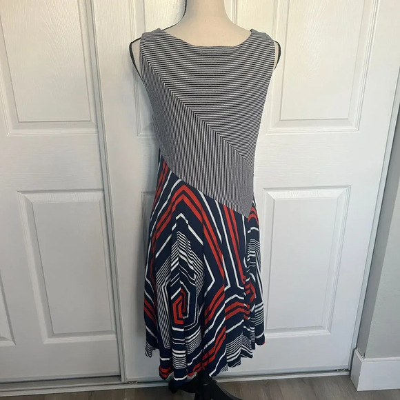 Maeve Anthropologie Cameron Blue Stripe Orange Midi Swing Dress Geometric Medium - Picture 4 of 7
